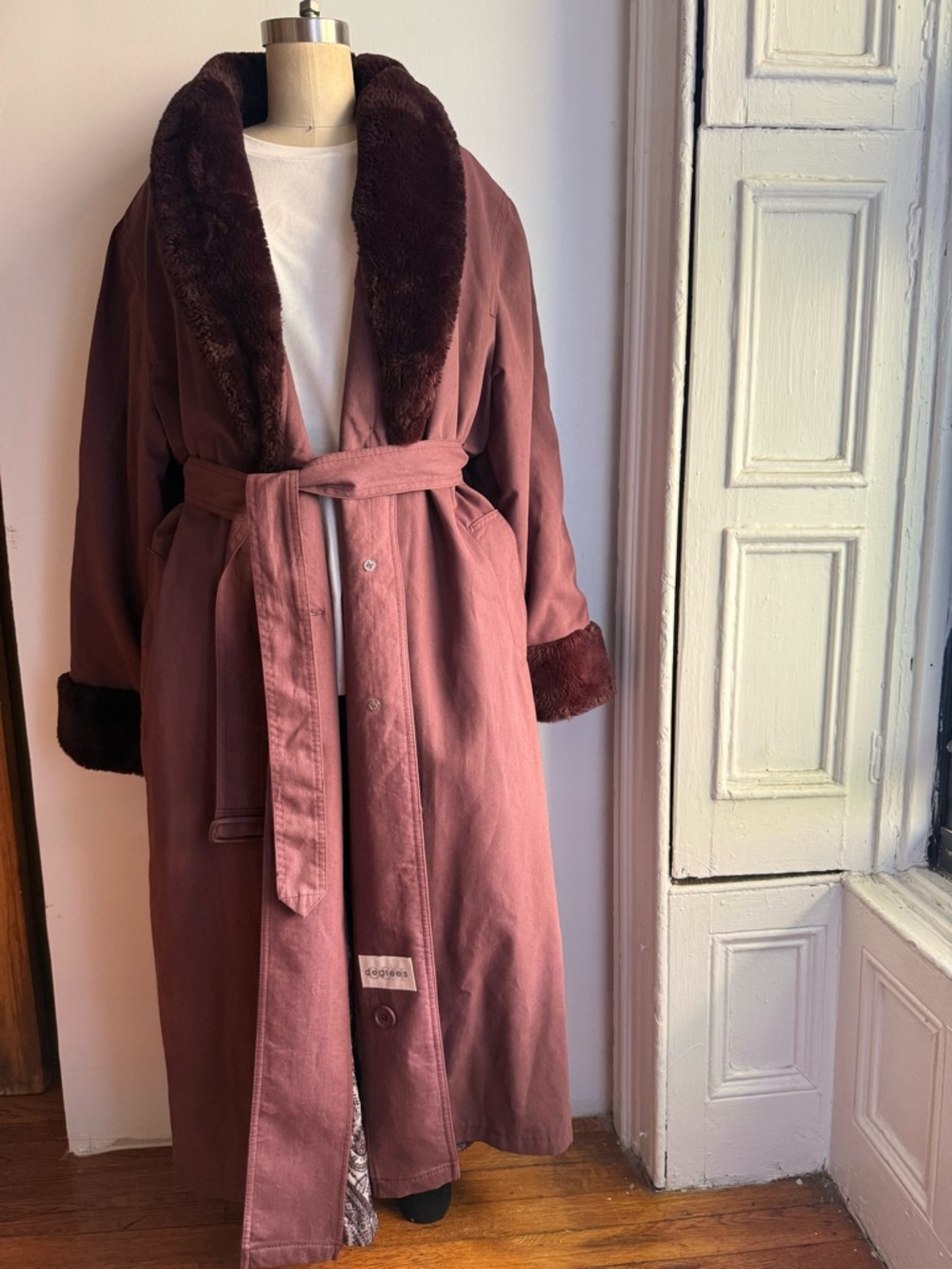 Vintage Burgundy Faux Fur Trench Coat Oversized Midi Jacket Lightweight Spring